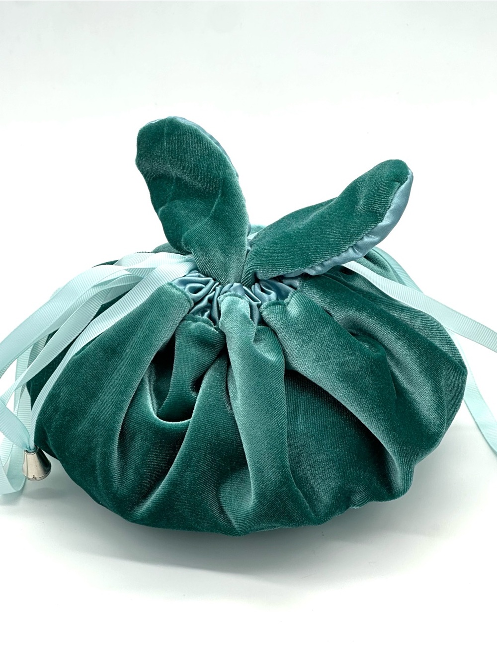 Teal Velvet Bunny Ear Drawstring Makeup Bag | Lazy Cosmetic Travel Pouch